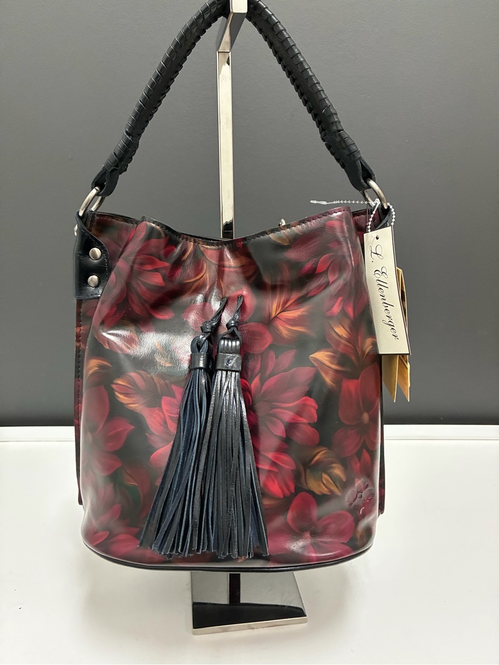 Patricia Nash NWT Floral Leather Bucket Bag with Tassels and Black Trim